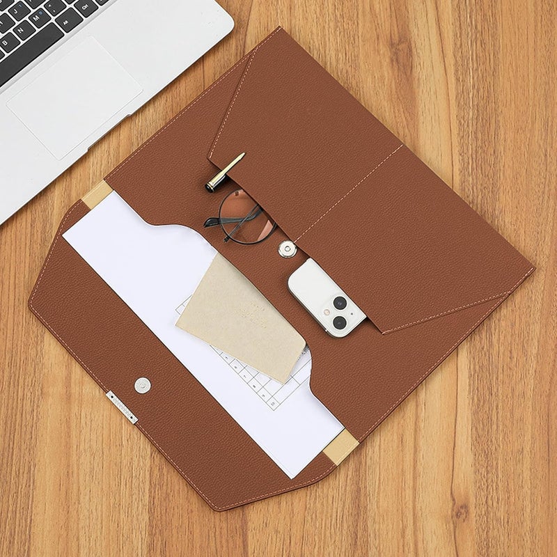 VANRA File Folder Document Holder Organizer Waterproof Portfolio Leather Folder Case with 3 Pockets, Filing Envelopes for A4 Letter Size Paper with Snap Magnetic Button Closure (Brown) - Image 2